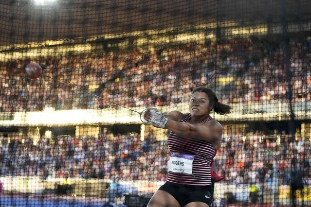 Camryn Rogers of Canada makes an attempt in the Women's hammer throw final during the athletics competition in the Alexander Stadium at the Commonwealth Games in Birmingham, England, Saturday, August 6, 2022. (Photo by Alastair Grant/AP Photo)