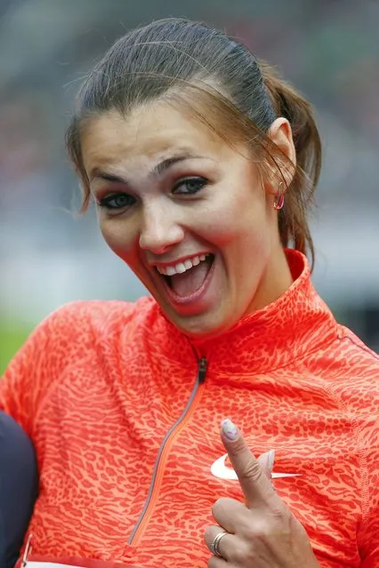 Marharyta Dorozhon of Israel celebrates after winning the women's javelin throw at the ISTAF athletics meeting in Berlin, Germany, September 6, 2015. (Photo by Hannibal Hanschke/Reuters)