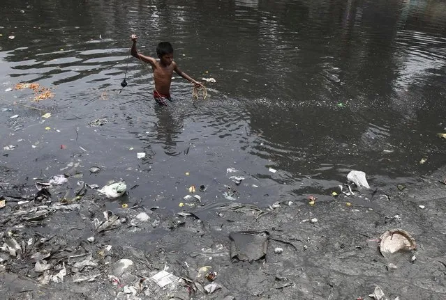 A boy searches for coins thrown by devotees as religious offerings in a polluted water channel near a temple in Kolkata June 5, 2014. (Photo by Rupak De Chowdhuri/Reuters)