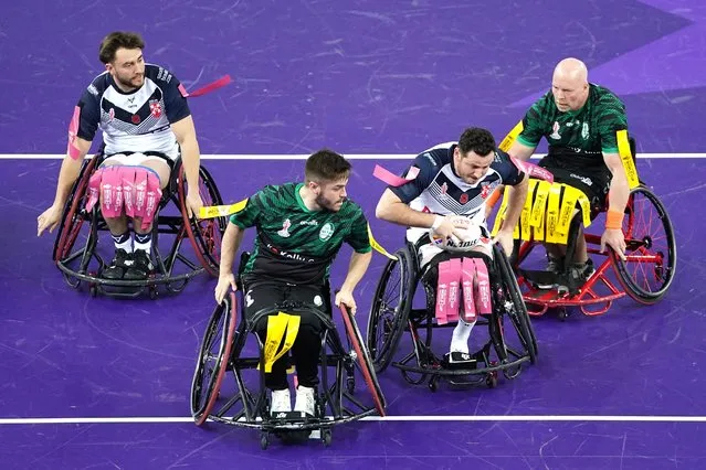 England's Sebastien Bechara breaks away during the Wheelchair Rugby League World Cup group A match at the Copper Box Arena, London on Wednesday, November 9, 2022. (Photo by Zac Goodwin/PA Images via Getty Images)