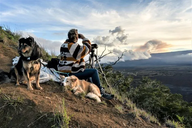 Local resident Meghann Decker sets up a camera and uses binoculars to observe the eruption of the Mauna Loa Volcano with her two dogs in Hawaii, U.S. December 1, 2022. (Photo by Go Nakamura/Reuters)