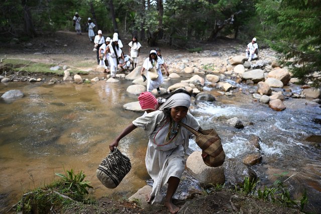 Arhuaco Indigenous and other indigenous communities from different regions of the country cross a river after attending a meeting at the Sierra Nevada de Santa Marta, Colombia, on February 10, 2024. Under a huge sacred tree, the wise Indigenous Arhuaco people chew coca and reflect on the future of Colombia's mythical Sierra Nevada. Their home of snow-capped peaks by the Caribbean Sea suffers from global warming and the violence of armed groups. (Photo by Raul Arboleda/AFP Photo)