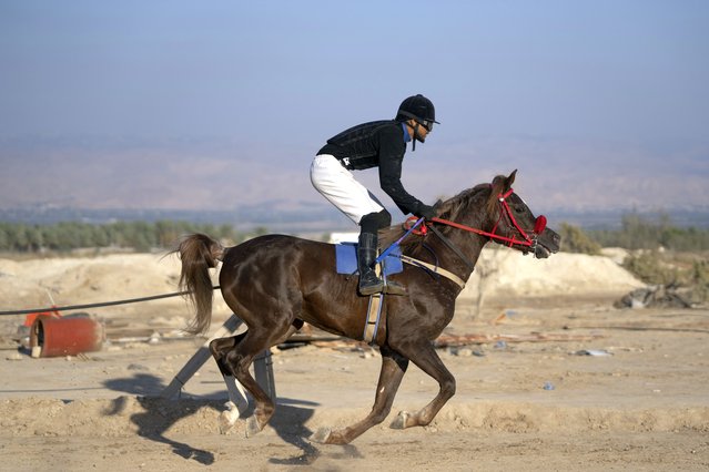 A Jockey on an Arabian horse competes during the first leg of the Arabian horse races championship, in the West Bank city of Jericho, Friday, December 2, 2022. The Palestinian Equestrian Federation championship kicked off on Friday with a tournament of twelve categories of horses and races in the occupied West Bank for the 2022-2023 season. (Photo by Nasser Nasser/AP Photo)