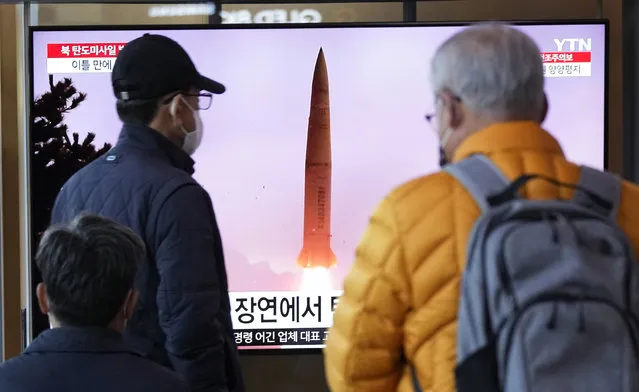 A TV screen shows a file image of North Korea's missile launch during a news program at the Seoul Railway Station in Seoul, South Korea, Thursday, March 16, 2023. North Korea test-launched an intercontinental ballistic missile in a display of military might Thursday just hours before the leaders of South Korea and Japan were to meet at a Tokyo summit expected to be overshadowed by North Korean nuclear threats. (Photo by Ahn Young-joon/AP Photo)