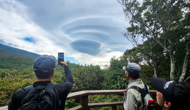 On the morning of the October 4, 2025, the second day of the Chuseok holiday, a lenticular cloud resembling an unidentified flying object (UFO) appeared in the northeastern sky as seen from the Healing Forest in Hogun-dong, Seogwipo-si, Jeju-do, creating a spectacular sight. (Photo by Newsis)