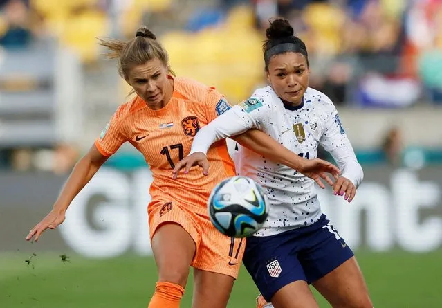 Sophia Smith #11 of USA competes for the ball with Victoria Pelova #17 of Netherlands during the FIFA Women's World Cup Australia & New Zealand 2023 Group E match between USA and Netherlands at Wellington Regional Stadium on July 27, 2023 in Wellington / Te Whanganui-a-Tara, New Zealand. (Photo by Amanda Perobelli/Reuters)