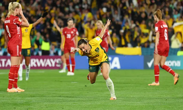 Australia's Hayley Raso celebrates scoring her side's second goal during the FIFA Women's World Cup Australia & New Zealand 2023 Round of 16 match between Australia and Runner Up Group D at Stadium Australia on August 7, 2023 in Sydney, Australia. (Photo by Carl Recine/Reuters)