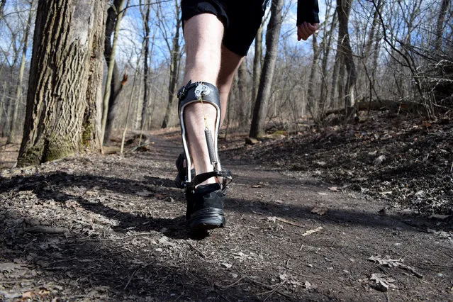 This handout photo provided by Carnegie Mellon University, taken in March 2015, shows an exoskeleton boot on a person walking in a park in Pittsburgh. Engineers at Carnegie Mellon University have developed an exoskeleton boot that makes it easier to walk, burning less calories. When engineers tested the invention they did so by having people wear a pair of the devices, not one. (Photo by Lisa Lau/AP Photo/Carnegie Mellon University)