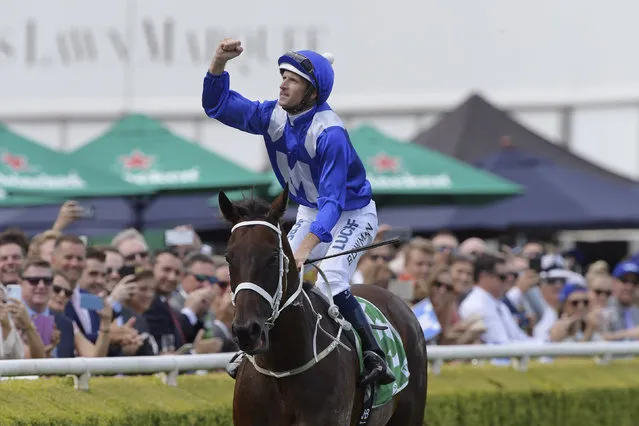 Jockey Hugh Bowman returns to scale after riding Winx to victory in race 6 of the TAB Chipping Norton Stakes during Chipping Norton Stakes Day at Royal Randwick Racecourse in Sydney, Australia Saturday, March 2, 2019. Seven-year-old mare Winx set a world record Saturday for Group One wins following a come-from-behind victory in the Chipping Norton Stakes at Royal Randwick. (Photo by Simon Bullard/AAP Photo via AP Photo)