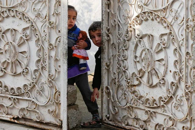 Iraqi children stand behind the doors of their home during a fight with Islamic State militants in Rashidiya, North of Mosul, Iraq, January 30, 2017. (Photo by Muhammad Hamed/Reuters)