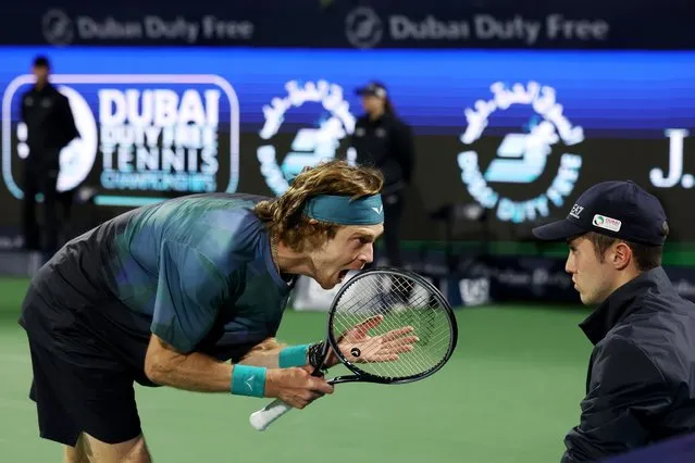 Andrey Rublev shouts at line judge while playing against Alexander Bublik of Kazakhstan in their semifinal match during the Dubai Duty Free Tennis Championships at Dubai Duty Free Tennis Stadium on March 01, 2024 in Dubai, United Arab Emirates. (Photo by Christopher Pike/Getty Images)