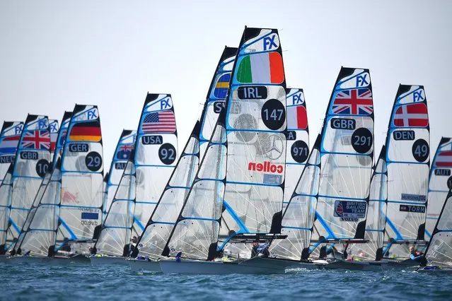 Annalise Murphy and Katie Tingle of Ireland in action at the start of a 49erFX class race on May 15, 2019 in Weymouth, England. (Photo by Clive Mason/Getty Images)