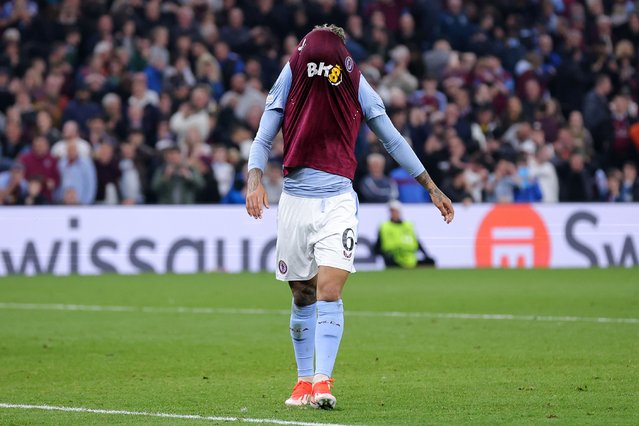 Douglas Luiz of Aston Villa reacts after missing a penalty kick during the UEFA Europa Conference League 2023/24 Semi-Final first leg match between Aston Villa and Olympiacos FC at Villa Park on May 02, 2024 in Birmingham, England. (Photo by Alex Livesey – Danehouse/Getty Images)