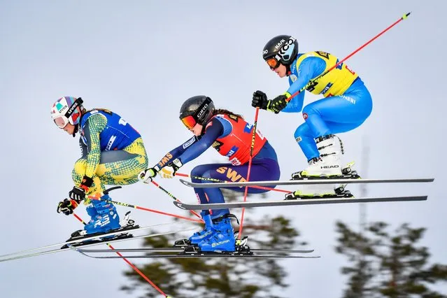 Germany's Daniela Maier, Sweden's Alesandra Edemo and Italy's Jole Galli compete during the women's semi final of the FIS Freestyle Ski Cross World Cup in Idre, Sweden on January 23, 2022. (Photo by Anders Wiklund/TT News Agency via Reuters)