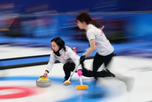 Skip Satsuki Fujisawa of Japan in action during the Women's Curling Round Robin on Day Eleven of the Beijing 2022 Winter Olympic Games at National Aquatics Centre on February 15, 2022 in Beijing, China. (Photo by Eloisa Lopez/Reuters)