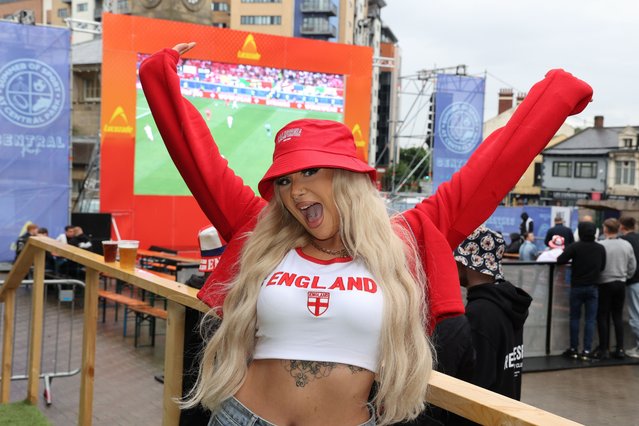 Caitlin Haswell, 24, cheers on England at the fan zone in Times Square, Newcastle, United Kingdom on June 16, 2024. (Photo by NNP)