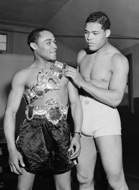 Joe Louis looks with envy at two awards that belong to Henry Armstrong, left, shown during their meeting at Pompton Lakes, N.J., June 13, 1938. One belt is for winning the the welterweight title from Barney Ross in 1937. The other belt  is for Armstrong as the first boxer to wear three crowns at once.  Louis, now training at Pompton Lakes for his Tony Galento fight for June 28, 1938. Louis as named “Ring” magazine's merit award as outstanding boxer of 1938. (Photo by AP Photo)