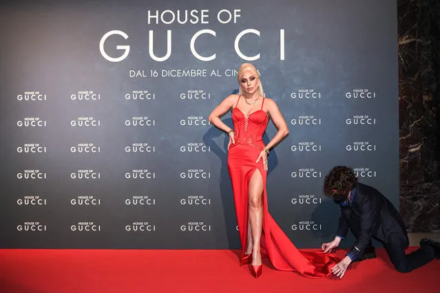 American singer and actor Lady Gaga poses on the red carpet ahead of the premiere of the film “House of Gucci”, in Milan, Italy, on November 13, 2021. (Photo by Piero Cruciatti/AFP Photo)