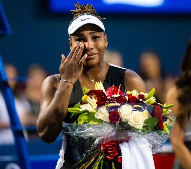 American professional tennis player Serena Williams reacts during a post-match ceremony after losing to Belinda Bencic of Switzerland on Day 5 of the National Bank Open, part of the Hologic WTA Tour, at Sobeys Stadium on August 10, 2022 in Toronto, Ontario. (Photo by Robert Prange/Getty Images)