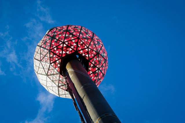The current Times Square New Year's Eve Ball descends for the last time for “retirement”, at One Times Square in New York City, on January 15, 2025. (Photo by Brendan McDermid/Reuters)