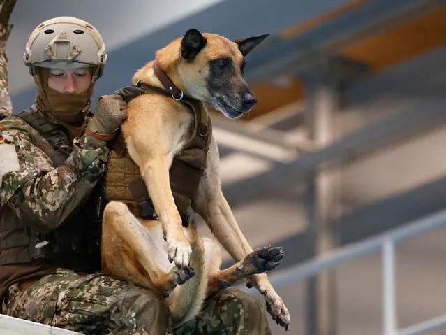 A soldier of the special forces unit KSK of Germany's army Bundeswehr jump into the water with a dog at the training center in Calw, Germany on October 24, 2022. (Photo by Heiko Becker/Reuters)