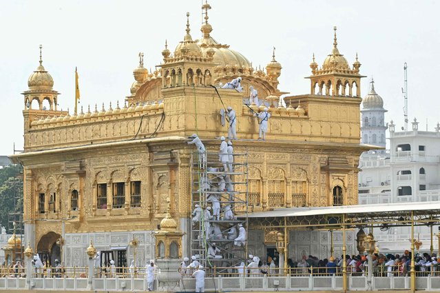 Volunteers from Birmingham in Britain with the Sikh charitable organisation Guru Nanak Nishkam Sewak Jatha (GNNSJ) clean the gold plating of the Golden Temple in Amritsar on March 19, 2025. (Photo by Narinder Nanu/AFP Photo)