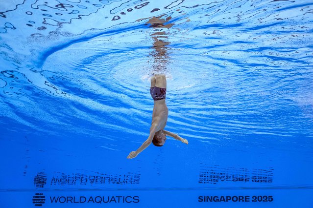 Neutral Athlete artistic swimmer Aleksandr Maltsev competes in the final of the men's solo free artistic swimming event during the 2025 World Aquatics Championships in Singapore on July 21, 2025. (Photo by Francois-Xavier Marit/AFP Photo)
