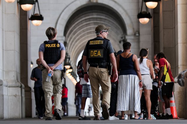 Drug Enforcement Administration (DEA) federal agents patrol at Union Station after U.S. President Donald Trump announced federal take over of the Metropolitan Police Department under the Home Rule Act to assist in crime prevention in the nation's capital, in Washington, D.C., U.S., on August 12, 2025. (Photo by Jonathan Ernst/Reuters)