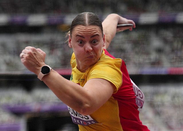 Lithuania's Ieva Gumbs in action during the Women's Discus Throw Qualification on September 13, 2025. (Photo by Aleksandra Szmigiel/Reuters)