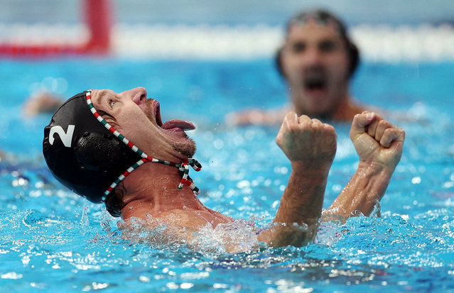 Daniel Angyal of Hungary celebrate and go to the Final during the water polo semifinal match between Serbia and Hungary on day 12 of the Singapore 2025 World Aquatics Championships at OCBC Aquatic Centre on July 22, 2025 in Singapore. (Photo by Marko Djurica/Reuters)