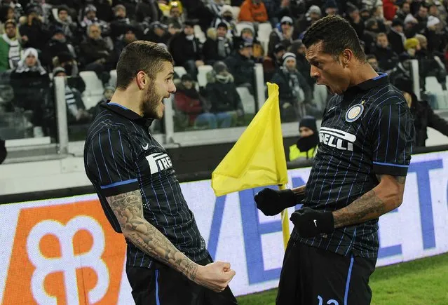 Inter Milan's Mauro Icardi (L) celebrates with his team mate Fredy Guarin after scoring against Juventus during their Italian Serie A soccer match at the Juventus stadium in Turin January 6, 2015. (Photo by Giorgio Perottino/Reuters)