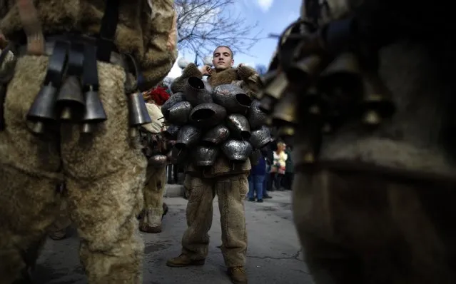 A man dressed in a costume made of animal fur, known as “kuker”, participates in the International Festival of the Masquerade Games in the town of Pernik January 31, 2015. (Photo by Stoyan Nenov/Reuters)