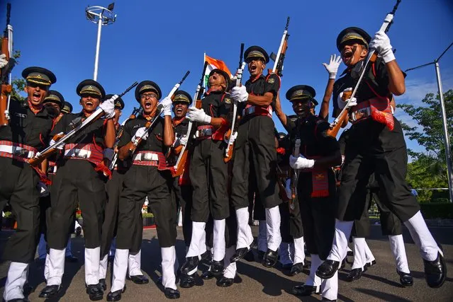 Indian army cadets celebrate as they take part in their graduation ceremony at Officers Training Academy (OTA), in Chennai, India, 09 September 2023. A total of 161 male and 36 female cadets were commissioned into various arms and services of the Indian Army. A dozen from friendly foreign countries also completed their training at the OTA. The newly commissioned officers swore allegiance to the country and the Constitution of India, committing to 'Serve with Honor' to safeguard the country. (Photo by Idrees Mohammed/EPA)