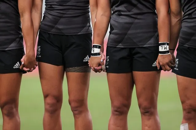 Team New Zealand line up for the national anthems before the Women’s Gold Medal match between Team New Zealand and Team France during the Rugby Sevens on day eight of the Tokyo 2020 Olympic Games at Tokyo Stadium on July 31, 2021 in Chofu, Tokyo, Japan. (Photo by Dan Mullan/Getty Images)