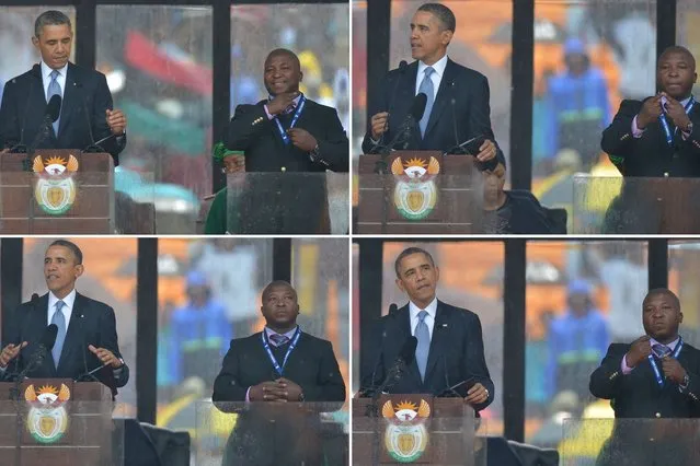 In these combination pictures taken on December 10, 2013 US President Barack Obama delivers a speech next to a sign language interpreter (R) during the memorial service for late South African President Nelson Mandela at Soccer City Stadium in Johannesburg. South Africa's deaf community on December 11, 2013 accused the sign language interpreter at Nelson Mandela's memorial of being a fake, who had merely flapped his arms around during speeches. (Photo by Alexander Joe/AFP Photo)