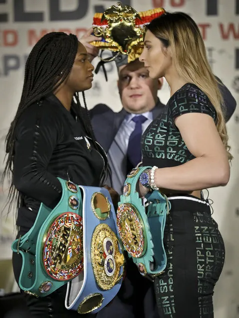 Undefeated women's middleweight world champions Claressa Shields, left, and Christina Hammer, right, face-down each other during a press conference to preview their upcoming fight, Tuesday February 26, 2019, in New York. Shields and Hammer will showdown for the undisputed women's middleweight world championship in a unification bout on Saturday, April 13 in Atlantic City, N.J. (Photo by Bebeto Matthews/AP Photo)