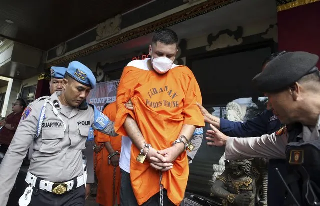 Indonesian police arrest three Mexicans after a Turkish tourist was wounded in an armed robbery in Bali, Indonesia on Tuesday, January 30, 2024. Indonesian police said Tuesday they have arrested three Mexicans for alleged robbery on the resort island of Bali that left a tourist from Turkey badly wounded. (Photo by Firdia Lisnawati/AP Photo)