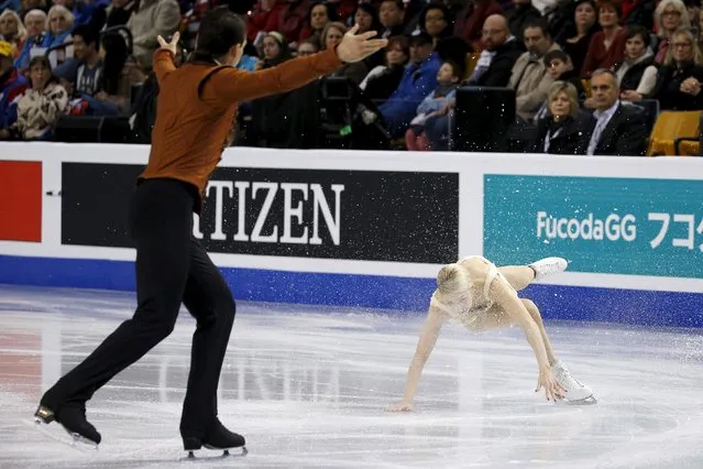 Figure Skating, ISU World Figure Skating Championships, Pairs Free Skate program, Boston, Massachusetts, United States on April 2, 2016: The United States' Alexa Scimeca falls while competing with partner Chris Knierim. (Photo by Brian Snyder/Reuters)