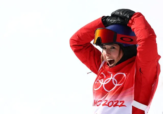 Ailing Eileen Gu of Team China celebrates winning the silver medal in the Women's Freestyle Skiing Freeski Slopestyle Final on Day eleven of the Beijing 2022 Winter Olympics at Genting Snow Park on February 15, 2022 in Zhangjiakou, China. (Photo by Lisi Niesner/Reuters)