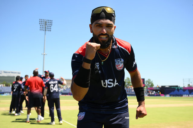 Jessy Singh of USA celebrates victory during the ICC Men's T20 Cricket World Cup West Indies & USA 2024 match between USA and Pakistan at Grand Prairie Cricket Stadium on June 06, 2024 in Dallas, Texas. (Photo by Matt Roberts-ICC/ICC via Getty Images)