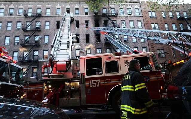 Firefighters attend to a fire in a multi-family apartment building on May 20, 2014 in the Brooklyn borough of New York City. York. Two people suffered minor injuries in the early morning fire that left numerous families homeless after the blaze moved through the fourth and fifth floors. (Photo by Spencer Platt/Getty Images)