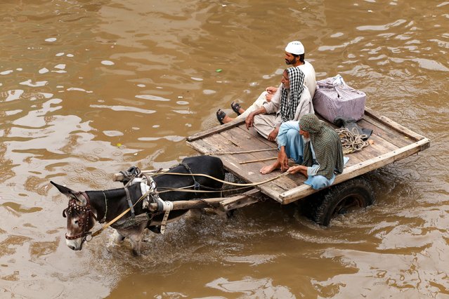 Men ride a donkey cart through flood waters after heavy monsoon rains in Multan on August 30, 2024. (Photo by Shahid Saeed Mirza/AFP Photo)