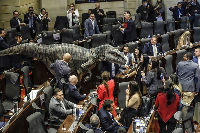 A person in a dinosaur costume makes an appearance at the Colombia Congress during a debate on climate change, in Bogota on June 13, 2023. The demonstrator in dinosaur costume also held a sign reading “Don't Choose Extintion”. (Photo by Andrea Ariza/AFP Phoot)