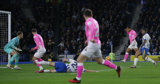 Cameron Archer of Southampton scores a goal but has it ruled out by Referee, Robert Jones and Video Assistant Referee VAR Jarred Gillett for offside during the Premier League match between Brighton & Hove Albion FC and Southampton FC at Amex Stadium on November 29, 2024 in Brighton, England. (Photo by Crystal Pix/MB Media/Getty Images)