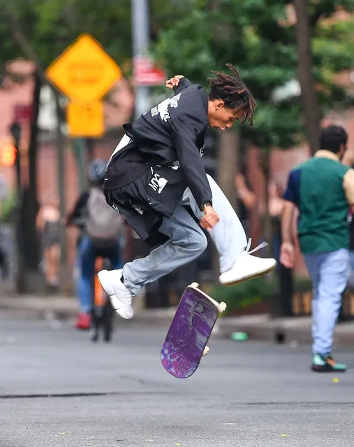 Jaden Smith is spotted out skateboarding in Soho New York City on July 18, 2022. The 24 year old American rapper and actor wore a black blazer, matching skirt, jeans, and white trainers. (Photo by The Image Direct)