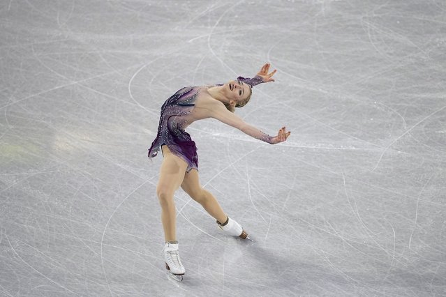 Amber Glenn, of the United States, competes in the women's free skating segment at the ISU Grand Prix Finals of Figure Skating, Saturday, December 7, 2024, in Grenoble, France. (Photo by Laurent Cipriani/AP Photo)