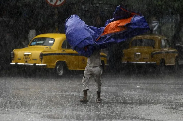A man uses a plastic sheet to protect himself from a heavy monsoon rain shower in Kolkata August 31, 2014. This year's monsoon started on a weak note and had a poor run until late July, when rains revived in northwest and central India. (Photo by Rupak De Chowdhuri/Reuters)