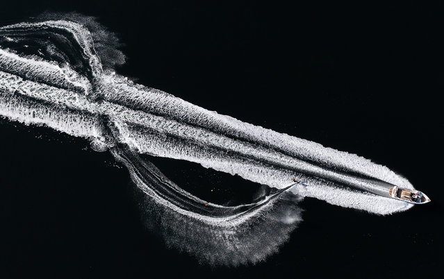 In an aerial view, a waterskier skis a slalom course on Mission Bay on January 15, 2025 in San Diego, California. (Photo by Sean M. Haffey/Getty Images)
