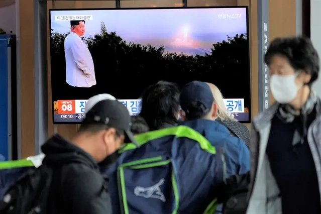 A TV screen shows an image of North Korean leader Kim Jong Un during a news program at the Seoul Railway Station in Seoul, South Korea, Monday, October 10, 2022. North Korea said Monday its recent barrage of missile launches were tests of its tactical nuclear weapons to “hit and wipe out” potential South Korean and U.S. targets, state media reported Monday. Leader Kim Jong Un signaled he would conduct more provocative tests in coming weeks. (Photo by Ahn Young-joon/AP Photo)