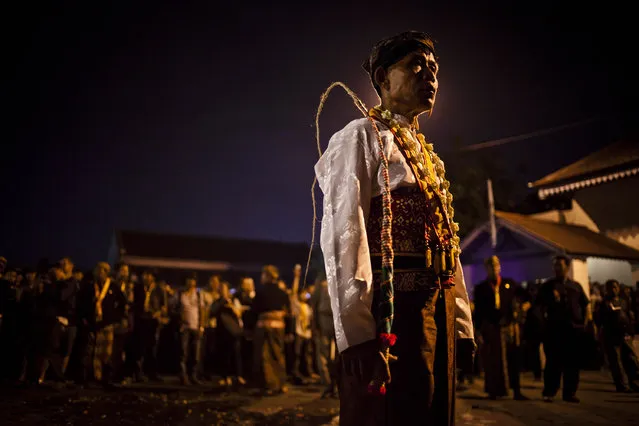 A Javanese man stands during ritual  “1st Suro” (Javanese calender) during  Islamic New Year celebrations in Kasunanan Palace on November 15, 2012 in Solo City, Central Java, Indonesia. Javanese will celebrate the national holiday with ceremonies and rituals marking the 1434th Islamic New Year's Eve or “1st Suro”. The parade started from Keraton Kasunanan and is headed by a group of albino buffaloes, known as Kebo Bule. Local people believe that the parade of Heirlooms and Kebo Bule will bring them a better life. (Photo by Ulet Ifansasti)